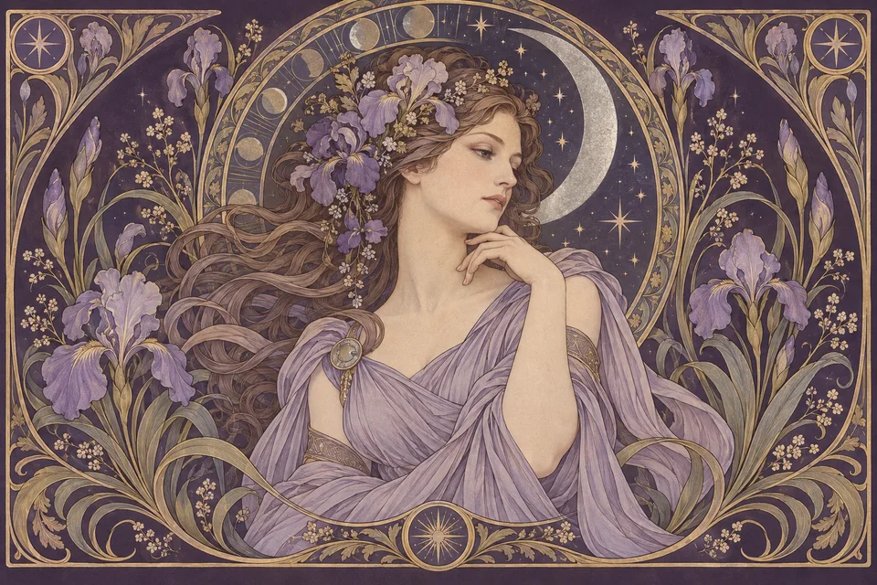 月とアイリスに囲まれた女性を描くアール・ヌーヴォー調のイラスト